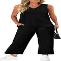 Detail view of women's black V-neck tank top and matching wide-leg casual pants set - S / Black