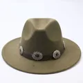 Classic vintage olive green felt fedora hat featuring decorative floral studs on band - M (56-58cm) / Army Green