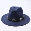 Classic navy blue vintage felt fedora hat featuring a decorative metal concho band - M (56-58cm) / Navy Blue