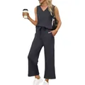 Detail of women's two-piece set featuring V-neck tank top and drawstring wide-leg pants - Navy Blue