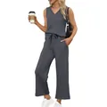 Women's summer two-piece travel set with V-neck tank top and wide-leg casual pants - Dark Gray