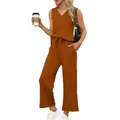Stylish womens V-neck tank top and wide-leg lounge pants travel set in burnt orange - Orange