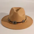 Classic vintage felt fedora hat with silver concho belt detail for men and women - M (56-58cm) / Khaki