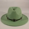 Vintage green felt fedora hat with decorative metal buckle band for men and women. - M (56-58cm) / Fruit Green