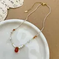 Elegant beaded necklace with natural orange agate stones and white pearls for women - Red Agate Artificial Pearl