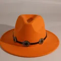 Detail view of orange felt fedora hat with silver floral metal band decoration - M (56-58cm) / Orange