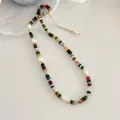 Colorful natural stone and white pearl beaded necklace with gold chain. - Multicolor Natural Stone Artificial Pearl