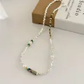 Elegant silver beaded necklace featuring natural dalmatian jasper stones and pearls - Silver Flakes Artificial Pearl