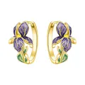 Elegant 18K gold plated hoop earrings with purple iris flower enamel detail. - Purple Enamel Fleur-de-lis Hoop Earrings Gold