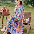 Elegant floral cotton silk midi dress with mid-sleeves, perfect for summer beach vacations - XL / Style 1