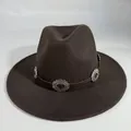 Classic vintage brown felt fedora hat with decorative metal concho leather band for adults - M (56-58cm) / Coffee