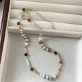 Handmade natural stone beaded necklace with freshwater pearls and gold accents - Shoushan Stone