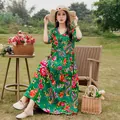 Green floral cotton rayon maxi dress with half sleeves for summer leisure and travel. - 2# / Xl Size Recommended For Individuals Weighing 90-115 Jin (45-67.5 Catties).