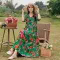 Green floral cotton rayon maxi dress with half sleeves for summer leisure and travel. - XL / Tops / Style 2