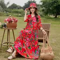 Elegant red floral summer cotton viscose dress with matching floral sun hat for women - 3# / Xl Size Recommended For Individuals Weighing 90-115 Jin (45-67.5 Catties).