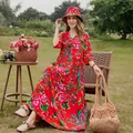 Elegant red floral summer cotton viscose dress with matching floral sun hat for women - XL (Recommended 45-57.5kg) / Bottoms / Pattern 3 (Vibrant Red Floral)