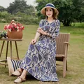 Elegant blue floral cotton silk maxi dress with mid-sleeves for summer beach wear - 4# / Xl Size Recommended For Individuals Weighing 90-115 Jin (45-67.5 Catties).