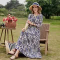 Elegant blue floral cotton silk maxi dress with mid-sleeves for summer beach wear - XL (Recommended 45-57.5kg) / Bottoms / Pattern 4 (Beige with Blue Floral)