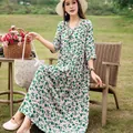 Elegant green floral print cotton silk summer dress with half sleeves for women - XL (Recommended 45-57.5kg) / Bottoms / Pattern 5 (Light Pink with Green Leaves)