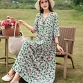 Elegant green floral print cotton silk summer dress with half sleeves for women - XL (Recommended 45-57.5kg) / Dresses / Pattern #5 (Light Pink with Green Leaves)