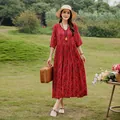 Elegant red floral cotton-silk dress with mid-sleeves, perfect for summer beach. - XL (Recommended 45-57.5kg) / Bottoms / Pattern 6 (Red Small Floral)