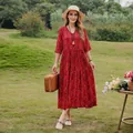 Elegant red floral cotton-silk dress with mid-sleeves, perfect for summer beach. - XL (Recommended 45-57.5kg) / Dresses / Pattern #6 (Red Multicolor Floral)