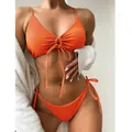 Vibrant orange ribbed triangle bikini set with front drawstring and side ties - S / Orange
