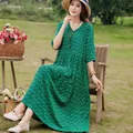 Elegant green printed cotton silk maxi dress with half sleeves for summer beach wear - XL (Recommended 45-57.5kg) / Top And Bottom / Green Floral