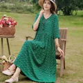 Elegant green printed cotton silk maxi dress with half sleeves for summer beach wear - XL / Dresses / Style 8