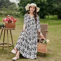 Elegant black and white floral cotton silk maxi dress with mid-sleeves for summer 2026 - XL (Recommended 45-57.5kg) / Top And Bottom / Black and White Speckled