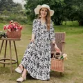 Elegant black and white floral cotton silk maxi dress with mid-sleeves for summer 2026 - XL / Dresses / 10# (Black and White Floral)