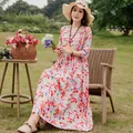 Elegant cotton silk floral midi dress with mid sleeves for summer beach holidays - XL (Recommended 45-57.5kg) / Top And Bottom / Colorful Floral