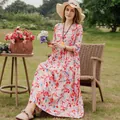 Elegant cotton silk floral midi dress with mid sleeves for summer beach holidays - XL / Dresses / 11# (Rainbow Print)