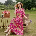 Elegant floral cotton silk maxi dress with mid-sleeves for summer casual beach wear - XL (Recommended 45-57.5kg) / Top And Bottom / Rose Red Floral