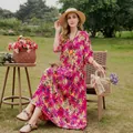 Elegant floral cotton silk maxi dress with mid-sleeves for summer casual beach wear - XL (Recommended 45-57.5kg) / Dresses / Pattern 12 (Magenta & Yellow Floral)