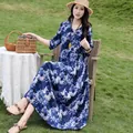 Elegant blue floral cotton silk dress with 3/4 sleeves for a summer vacation look - XL (Recommended 45-57.5kg) / Top And Bottom / Blue and White Floral