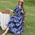 Elegant blue floral cotton silk dress with 3/4 sleeves for a summer vacation look - XL (Recommended 45-57.5kg) / Dresses / Pattern 13 (Navy & White Floral)