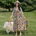 Elegant floral print cotton-silk midi dress with short sleeves for summer - XL / Bottoms / 19# Multicolor Floral