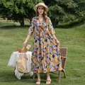 Elegant floral print cotton-silk midi dress with short sleeves for summer - XL (Recommended 45-57.5kg) / Dresses / Multicolor Floral (19#)