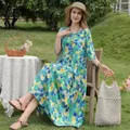 Elegant summer cotton silk midi dress with vibrant pebble print and half sleeves - XL (Recommended 45-57.5kg) / Dresses / Multicolor Pebble Pattern (20#)