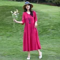 Elegant magenta tiered cotton silk midi dress with medium sleeves for summer beach wear - XL / Bottoms / Rose Red