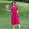 Elegant magenta tiered cotton silk midi dress with medium sleeves for summer beach wear - XL (Recommended 45-57.5kg) / Dresses / Rose Red