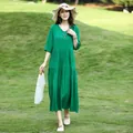 Elegant green cotton silk midi dress with mid-sleeves for summer casual beach wear - XL / Bottoms / Green