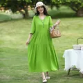 Elegant lime green cotton silk midi dress with tiered skirt for summer beach holiday - XL (Recommended 45-57.5kg) / Dresses / Apple Green