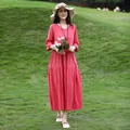 Elegant summer cotton silk midi dress in vibrant red with comfortable mid-sleeves - XL (Recommended 45-57.5kg) / Tops / Sunset Red