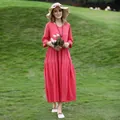 Elegant summer cotton silk midi dress in vibrant red with comfortable mid-sleeves - XL (Recommended 45-57.5kg) / Dresses / Sunset Red