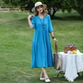 Elegant bright blue cotton silk half-sleeve tiered casual beach dress for women - XL (Recommended 45-57.5kg) / Dresses / Emerald Blue