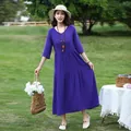 Elegant purple mid-sleeve cotton silk maxi dress with tiered skirt for summer - XL (Recommended 45-57.5kg) / Tops / Purple
