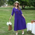 Elegant purple mid-sleeve cotton silk maxi dress with tiered skirt for summer - XL (Recommended 45-57.5kg) / Dresses / Purple