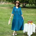 Elegant blue cotton silk tiered midi dress with half sleeves for summer leisure. - XL (Recommended 45-57.5kg) / Tops / Lake Blue